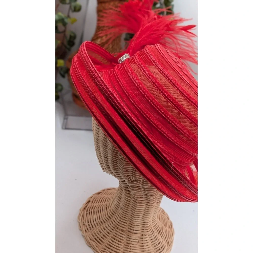Red Church Stylish Dress Hat Feather Rhinestone Wide Brim Derby Wedding Formal